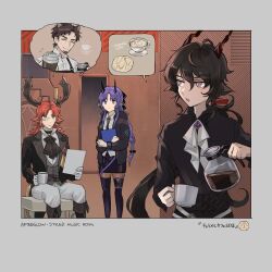 Rule 34 | 1girl, 3boys, :o, :|, ^ ^, animal ears, antlers, apron, arknights, ascot, biegler (arknights), black apron, black ascot, black coat, black footwear, black hair, black jacket, black necktie, black pants, black ribbon, black shirt, black skirt, boots, border, braid, brown hair, brown pantyhose, cake, clipboard, closed eyes, closed mouth, coat, coffee, coffee mug, coffee pot, cup, czerny (arknights), deer antlers, deer boy, deer ears, disposable cup, dot mouth, ebenholz (arknights), english text, expressionless, facial hair, feet out of frame, food, gloves, goat boy, goat ears, goat horns, green eyes, grey border, grey vest, hair between eyes, hair ribbon, hibiscus (arknights), hibiscus the purifier (arknights), highres, holding, holding clipboard, holding coffee pot, holding cup, holding paper, hood, hood down, hooded jacket, horns, indoors, infection monitor (arknights), jacket, lapels, long hair, long sleeves, looking at another, looking back, low ponytail, mole, mole under mouth, monocle, mug, multiple boys, necktie, noshima, notched lapels, open clothes, open coat, orange hair, pants, pantyhose, paper, parted bangs, pencil skirt, pointy ears, popped collar, purple eyes, purple hair, red ribbon, ribbon, shared thought bubble, shirt, short hair, single braid, sitting, skirt, smile, speech bubble, standing, stool, stubble, tailcoat, thigh boots, thought bubble, upper body, vest, white ascot, white gloves, white pants, white shirt