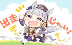 Rule 34 | 1girl, :d, animal ears, black hat, blue choker, blue sky, blush, boots, chibi, choker, clenched hands, cloud, cloudy sky, collarbone, commentary request, cropped jacket, day, full body, garter straps, gold ship (umamusume), grey hair, hat, highres, hizuki yayoi, horse ears, horse girl, horse tail, jacket, long hair, long sleeves, mini hat, navel, notice lines, open clothes, open jacket, open mouth, outdoors, pink hair, purple thighhighs, red shorts, running, shoe soles, short shorts, shorts, sky, smile, solo, starting future (umamusume), tail, thighhighs, thighhighs under boots, translation request, umamusume, v-shaped eyebrows, very long hair, white footwear, white jacket