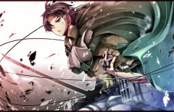 Rule 34 | 1boy, ascot, blood, blood on face, brown hair, cape, hair over one eye, highres, kin-iro no puu, levi (shingeki no kyojin), male focus, red eyes, shingeki no kyojin, short hair, solo, sword, three-dimensional maneuver gear, weapon