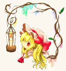Rule 34 | 1girl, ascot, blonde hair, candle, candlelight, cropped torso, flandre scarlet, frilled shirt collar, frills, from side, grey background, hat, hat ribbon, long hair, looking at viewer, looking to the side, mob cap, one side up, red ascot, red eyes, red ribbon, ribbon, simple background, solo, tisha (kimagurenukosan), touhou, white hat