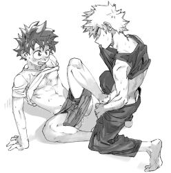 2boys ass bakugou_katsuki barefoot boku_no_hero_academia clothes_lift clothes_pull footjob kneeling looking_at_another lying male_focus midoriya_izuku multiple_boys pants pants_pull pectorals redshu_ktdk shirt_lift short_hair spiked_hair sweat tank_top toned toned_male white_background yaoi