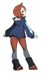 Rule 34 | 1girl, arezu (pokemon), ayakadegozans, back, blue hoodie, blue jacket, boots, closed mouth, cowlick, creatures (company), curled fingers, female focus, from behind, full body, game freak, gradient legwear, highres, hood, hoodie, jacket, legs, long sleeves, looking at viewer, looking back, md5 mismatch, multicolored clothes, multicolored jacket, nintendo, pantyhose, pokemon, pokemon legends: arceus, red eyes, red hair, short hair, shorts, simple background, solo