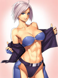 Rule 34 | 1girl, abs, ahoge, angel (kof), bare shoulders, belt, blue eyes, bra, breasts, chaps, clenched teeth, female focus, fingerless gloves, gloves, highres, large breasts, midriff, muscular, muscular female, navel, ogami, open clothes, open shirt, panties, shirt, short hair, silver hair, simple background, snk, solo, strapless, teeth, the king of fighters, underwear, uneven eyes