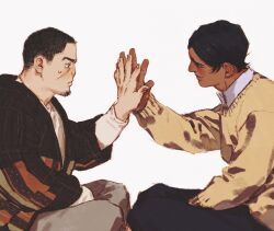Rule 34 | 2boys, black eyes, black hair, black pants, brown hair, brown sweater, chengongzi123, closed mouth, collared shirt, commentary, english commentary, facial hair, goatee, golden kamuy, hand on another&#039;s hand, hand up, highres, indian style, koito otonoshin, long sleeves, looking at another, male focus, multiple boys, pants, shirt, short hair, simple background, sitting, smile, sweater, tsukishima hajime, upper body, very short hair, white background
