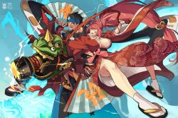 1boy 1girl baiken bandana bare_legs black_hair breasts cleavage folding_fan full_body glasses guilty_gear guilty_gear_strive hand_fan highres holding holding_fan jako_(toyprn) japanese_clothes kimono long_hair mito_anji one_eye_closed pink_hair scar scar_across_eye short_hair very_long_hair