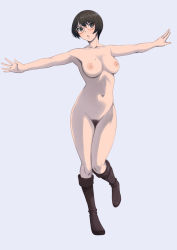 Rule 34 | 1girl, balancing, bob cut, boots, breasts, brown footwear, female pubic hair, full body, glasses, highres, ixola, knee boots, large breasts, light blush, medium breasts, mole, nipples, nude, original, outstretched arms, pubic hair, red-framed eyewear, short hair, simple background, solo, standing, standing on one leg