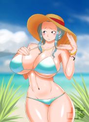 Rule 34 | 1girl, absurdres, beach, bikini, blush, bracelet, breasts, cleavage, cloud, curvy, green hair, hand on chest, hand on own chest, hat, highres, huge breasts, jewelry, joylewds, long hair, looking at viewer, navel, nefertari vivi, ocean, one piece, outdoors, sand, sky, solo, standing, stomach, straw hat, swimsuit, thick thighs, thighhighs, thighs