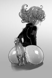 Rule 34 | 1girl, ^^^, anus, ass, ass focus, bad id, bad pixiv id, blush, bottomless, cropped legs, curly hair, disembodied penis, fat mons, from behind, greyscale, grinding, highres, huge ass, large penis, looking back, monochrome, one-punch man, penis, pussy, shiny skin, short hair, solo focus, sweat, sweatdrop, tatsumaki, the golden smurf, uncensored