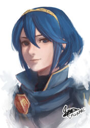 Rule 34 | 1girl, artist name, blue eyes, blue hair, closed mouth, cm lynarc, fire emblem, fire emblem awakening, hair between eyes, highres, looking at viewer, lucina (fire emblem), nintendo, official alternate hairstyle, short hair, signature, smile, solo, symbol in eye, tiara, upper body, white background
