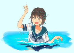 Rule 34 | 1girl, black hair, blue one-piece swimsuit, blue sailor collar, brown eyes, closed eyes, commentary request, competition school swimsuit, kantai collection, kusakabe (kusakabeworks), miyuki (kancolle), one-piece swimsuit, one eye closed, partially submerged, sailor collar, school swimsuit, school uniform, serafuku, short hair, solo, swimsuit, swimsuit under clothes, upper body, water, wet, wet clothes
