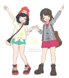 Rule 34 | 2girls, :d, ^ ^, arm up, artist name, backpack, bag, beanie, black bag, black footwear, black hair, boots, bracelet, brown bag, brown footwear, brown hair, buttons, cardigan, closed eyes, cocoloco, creatures (company), dated, dress, floral print, game freak, gloria (pokemon), green headwear, green legwear, green shorts, grey cardigan, hat, jewelry, long sleeves, loose clothes, loose shirt, multiple girls, nintendo, open mouth, pink dress, plaid, plaid legwear, pokemon, pokemon sm, pokemon swsh, red footwear, red headwear, selene (pokemon), shirt, shoes, short hair, short sleeves, shorts, simple background, smile, socks, star (symbol), tam o&#039; shanter, tied shirt, white background, yellow bag, yellow shirt, z-ring