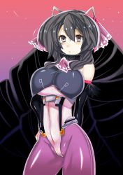 Rule 34 | 1girl, absurdres, animal ears, bare shoulders, black hair, bodysuit, breasts, cameltoe, character request, covered navel, drill hair, female focus, hair ribbon, highres, kyoukaisenjou no horizon, large breasts, long hair, navel, ribbon, ryou homare, solo, standing, very long hair, wolf ears