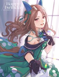 Rule 34 | 1girl, absurdres, animal ears, bare shoulders, black gloves, bow, brown hair, commentary request, da-cart, dress, gloves, green bow, green dress, hair bow, hand on own chest, happy birthday, highres, holding hands, horse ears, king halo (umamusume), off-shoulder dress, off shoulder, pov, red eyes, short sleeves, solo focus, tail, umamusume, white gloves, window