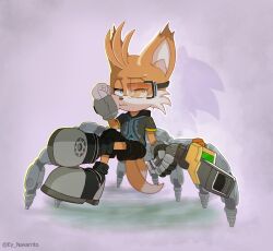 Rule 34 | 1boy, artist name, black shirt, ey navarrito, fox boy, gloves, hand on own cheek, hand on own face, highres, holding, holding weapon, male focus, multiple tails, nine (sonic), shirt, shoes, short sleeves, solo, sonic (series), sonic prime, tail, weapon, yellow fur