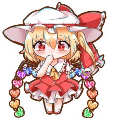 Rule 34 | 1girl, alternate headwear, alternate wings, ascot, blonde hair, bow, buttons, chibi, collared shirt, covering own mouth, flandre scarlet, frilled bow, frilled shirt collar, frilled sleeves, frills, full body, hair between eyes, hat, hat bow, hat ribbon, heart, heart wings, kisaragi ao, looking at viewer, medium hair, mob cap, multicolored wings, puffy short sleeves, puffy sleeves, red bow, red eyes, red footwear, red ribbon, red skirt, red vest, ribbon, shirt, short sleeves, side ponytail, simple background, skirt, socks, solo, standing, touhou, vest, white background, white hat, white shirt, white socks, wings, yellow ascot