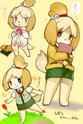 Rule 34 | 1girl, :&gt;, animal crossing, animal ears, bad id, bad pixiv id, bell, blush, blush stickers, body fur, brown eyes, changing clothes, clipboard, dog, dog ears, dog girl, dog tail, flower, flying sweatdrops, from below, furry, furry female, isabelle (animal crossing), jingle bell, looking down, makuro, multiple views, nintendo, no humans, panties, pink panties, plaid, skirt, smile, solo, standing, striped clothes, striped panties, tail, topknot, underwear, undressing