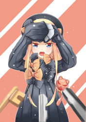 Rule 34 | 1girl, abigail williams (fate), aiee, arms up, black bow, black dress, black hat, blonde hair, blue eyes, blurry, blurry foreground, blush, bow, commentary request, covering privates, depth of field, dress, fang, fate/grand order, fate (series), hair bow, hands in opposite sleeves, hat, highres, key, long hair, long sleeves, looking at viewer, open mouth, orange background, orange bow, orion (bear) (fate), parted bangs, polka dot, polka dot bow, solo, stuffed animal, stuffed toy, teddy bear, tsurime, v-shaped eyebrows, very long hair, white background