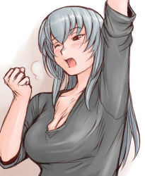 Rule 34 | 00s, 1girl, aged up, breasts, casual, cleavage, female focus, gradient background, large breasts, one eye closed, rozen maiden, silver hair, sleeves rolled up, solo, stretching, suigintou, tsuda nanafushi, wink, yawning