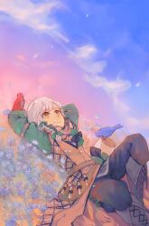 Rule 34 | anocurry, bird, blonde hair, blue bird, brown scarf, clanne (fire emblem), closed mouth, fire emblem, fire emblem engage, green hair, highres, lying, multicolored hair, nintendo, on back, on grass, red bird, scarf, smile, split-color hair, yellow eyes