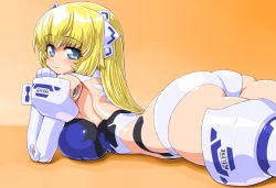 Rule 34 | 10s, 1girl, altrene, ass, bad id, bad pixiv id, blonde hair, blue eyes, breasts, busou shinki, dd (ijigendd), doll joints, gradient background, joints, large breasts, light smile, long hair, looking back, lying, on stomach, solo, thighhighs