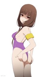 Rule 34 | 1girl, absurdres, armband, ass, ass grab, ass support, breasts, brown eyes, brown hair, competition swimsuit, coro fae, cowboy shot, from side, glaring, grabbing own ass, hair over shoulder, highleg, highleg swimsuit, highres, iino miko, kaguya-sama wa kokurasetai ~tensai-tachi no renai zunousen~, long hair, looking at viewer, low twintails, medium breasts, one-piece swimsuit, one-piece thong, open mouth, paid reward available, purple one-piece swimsuit, shaded face, simple background, solo, standing, swimsuit, twintails, twitter username, white background, yellow armband