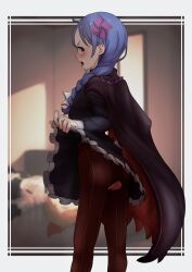 Rule 34 | 1girl, absurdres, ass, blue eyes, blue hair, blush, braid, cape, clothes lift, commission, dress, dress lift, hair ornament, highres, lifted by self, long hair, looking at viewer, meili portroute, open mouth, pantyhose, people, petra leyte, pixiv commission, r-man, re:zero kara hajimeru isekai seikatsu, solo