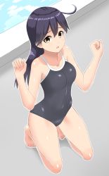 Rule 34 | 1girl, 30-06, bad id, bad pixiv id, barefoot, black hair, black one-piece swimsuit, breasts, brown eyes, competition school swimsuit, covered navel, full body, highres, kantai collection, kneeling, long hair, looking at viewer, medium breasts, one-piece swimsuit, open mouth, poolside, school swimsuit, solo, swimsuit, ushio (kancolle), w arms