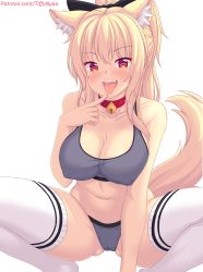 Rule 34 | 1girl, animal ear fluff, animal ears, arm up, bell, blonde hair, blush, bow, breasts, cameltoe, cat ears, cleft of venus, collar, covered erect nipples, finger to mouth, hair bow, heart, heart-shaped pupils, highres, large breasts, long hair, looking at viewer, navel, neck bell, nottytiffy, panties, patreon username, red eyes, simple background, slit pupils, solo, sports bra, squatting, stomach, symbol-shaped pupils, thighhighs, thighs, tiffy (nottytiffy), tongue, tongue out, underwear, underwear only, watermark, white background, white thighhighs