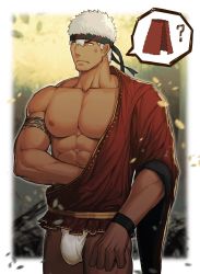 Rule 34 | 1boy, angry, bara, bare pectorals, blurry, blurry background, bracelet, coat, facial hair, fundoshi, headband, highres, japanese clothes, jewelry, large pectorals, leaf, male focus, manly, mature male, muscular, muscular male, nipples, pectorals, sideburns, solo, speech bubble, stubble, tattoo, white hair, yellow eyes, zhuganchangjiadan