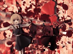 Rule 34 | 1girl, abstract background, black skirt, black vest, blonde hair, blush stickers, collared shirt, commentary, cookie (touhou), fang, feet out of frame, hair between eyes, hair ribbon, highres, looking at viewer, nadeko (cookie), on ( l0 ), open mouth, outstretched arms, red eyes, red neckwear, red ribbon, reflection, ribbon, rumia, shirt, short hair, skirt, spread arms, touhou, vest, white shirt