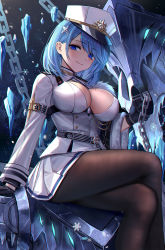 Rule 34 | 1girl, azur lane, black gloves, black pantyhose, blue eyes, blue hair, blush, breasts, chain, chapayev (azur lane), eternity (shadeh), gloves, hair ornament, hairclip, hat, highres, jacket, large breasts, looking at viewer, military hat, mole, mole on breast, pantyhose, peaked cap, short hair, sitting, smile, solo, white hat, white jacket