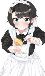 Rule 34 | 1girl, absurdres, alternate costume, apron, blush, brown hair, closed mouth, enmaided, food, green eyes, hair ribbon, highres, hololive, incoming food, kakeru (kakeruanim), looking at viewer, maid, maid apron, maid headdress, omelet, omurice, oozora subaru, ribbon, simple background, solo, spoon, virtual youtuber, white background