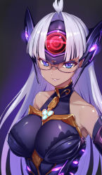 Rule 34 | 1girl, bare shoulders, black background, blue eyes, breasts, chest jewel, cyborg, dark-skinned female, dark skin, elbow gloves, forehead protector, glasses, gloves, green322, highres, impossible clothes, large breasts, long hair, nintendo, purple background, silver hair, smile, solo, t-elos, t-elos re:, upper body, xenoblade chronicles (series), xenoblade chronicles 2, xenosaga