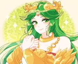 Rule 34 | 1girl, chain, collarbone, diadem, dress, gold chain, green eyes, green hair, indisk irio, kid icarus, kid icarus uprising, looking to the side, nintendo, own hands together, palutena, solo, sparkle, strapless, strapless dress, twitter username, upper body