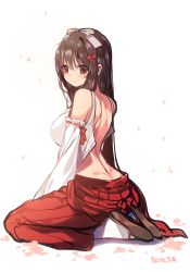 Rule 34 | 1girl, artist name, bad id, bad pixiv id, bare back, bare shoulders, black hair, blush, breasts, brown eyes, detached sleeves, hakama, hakama skirt, japanese clothes, large breasts, long hair, looking at viewer, miko, open clothes, original, petals, red hakama, sandals, seiza, simple background, sitting, skirt, smile, solo, sukja, wariza, white background, white legwear
