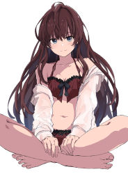 Rule 34 | 1girl, :3, absurdres, ahoge, bare shoulders, barefoot, blue eyes, bra, brown hair, collarbone, commentary request, earrings, highres, ichinose shiki, idolmaster, idolmaster cinderella girls, indian style, jewelry, long hair, long sleeves, looking at viewer, navel, off shoulder, open clothes, open shirt, panties, rauto, red bra, red panties, see-through, shirt, sitting, solo, underwear, wavy hair, white background, white shirt