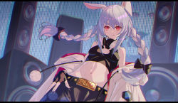 Rule 34 | 1girl, :q, alternate costume, animal ear fluff, animal ears, belt, blue hair, bow, braid, breasts, buckle, carrot hair ornament, chromatic aberration, coat, crop top, floating hair, food-themed hair ornament, gloves, hair bow, hair ornament, headphones, headphones around neck, hololive, long hair, looking at viewer, midriff, multicolored hair, navel, off shoulder, open clothes, open coat, pants, rabbit cutout, rabbit ears, smile, solo, speaker, stage, thick eyebrows, tongue, tongue out, twin braids, two-tone hair, usada pekora, virtual youtuber, white coat, white hair, whitem (whiteemperor2020)