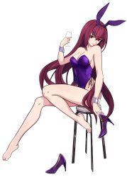 Rule 34 | 1girl, absurdres, animal ears, bad id, bad pixiv id, bare arms, bare legs, bare shoulders, barefoot, bodysuit, chair, fate/grand order, fate (series), feet, high heels, highres, holding, holding shoes, leotard, long hair, looking at viewer, nail polish, no shoes, official alternate costume, playboy bunny, purple bodysuit, purple hair, rabbit ears, rabbit girl, red eyes, scathach (fate), scathach (piercing bunny) (fate), shoes, unworn shoes, sitting, soles, strapless, toenail polish, toenails