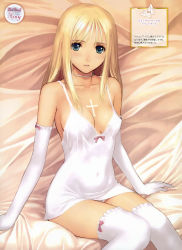 Rule 34 | 1girl, absurdres, bare shoulders, bed, bed sheet, blonde hair, blue eyes, bow, breasts, camisole, choker, collarbone, covered navel, cross, dress, elbow gloves, gloves, highres, knees together feet apart, lace, legs, legs together, lingerie, long hair, looking at viewer, panties, pantyshot, parted lips, sitting, sleeveless, solo, spaghetti strap, thighhighs, tony taka, underwear, underwear only, white gloves, white panties, white thighhighs, zettai ryouiki