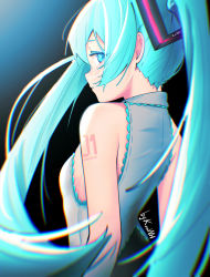 Rule 34 | 1girl, absurdres, aqua hair, arms at sides, artist name, artist request, backlighting, black background, blouse, blue hair, blue theme, collared shirt, colored eyelashes, gradient background, grey shirt, hatsune miku, highres, long hair, number tattoo, shirt, shoulder tattoo, simple background, sleeveless, sleeveless shirt, solo, tattoo, very long hair, vocaloid