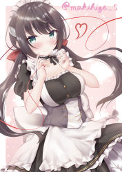 Rule 34 | 1girl, absurdres, apron, artist name, azur lane, back bow, black dress, bow, breasts, brown hair, dress, frilled dress, frilled hairband, frills, glasgow (azur lane), green eyes, hairband, highres, long hair, maid headdress, makihige, medium breasts, pantyhose, solo, string, string of fate, twintails, two-tone dress, underbust, valentine, waist apron, white apron, white bow, white dress