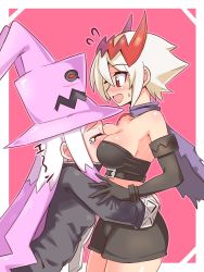 Rule 34 | 2girls, bare shoulders, between breasts, blush, breasts, closed eyes, cougar (cougar1404), dragon: marked for death, elbow gloves, embarrassed, empress (dmfd), gloves, hair ornament, hat, head between breasts, hug, large breasts, long hair, midriff, multicolored hair, multiple girls, open mouth, outside border, pink hair, profile, red eyes, scarf, short hair, simple background, small breasts, strapless, tearing up, two-tone hair, white hair, witch (dmfd), yuri