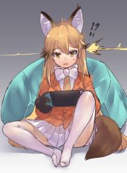 Rule 34 | !?, 1girl, animal ear fluff, animal ears, bean bag chair, bow, bowtie, brown hair, commentary request, extra ears, ezo red fox (kemono friends), fox ears, fox girl, fox tail, fur trim, game console, gloves, grey background, handheld game console, jacket, kemono friends, long hair, long sleeves, multicolored hair, necktie, nintendo switch, no shoes, open mouth, orange eyes, orange hair, orange jacket, orange neckwear, pantyhose, pleated skirt, simple background, sitting, skirt, solo, spread legs, sweatdrop, tadano magu, tail, wavy mouth, white neckwear, white pantyhose, white skirt