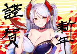 Rule 34 | 1girl, :q, alcohol, antenna hair, azur lane, bad id, bad pixiv id, bare shoulders, black choker, blush, breasts, bright pupils, choker, cleavage, closed mouth, collarbone, cross, cup, headgear, highres, holding, holding cup, iron cross, japanese clothes, kimono, large breasts, long hair, long sleeves, looking at viewer, luse maonang, motion blur, multicolored hair, naughty face, off shoulder, orange eyes, petals, prinz eugen (azur lane), prinz eugen (profusion of flowers) (azur lane), purple kimono, red hair, sakazuki, sake, silver hair, smile, solo, spilling, streaked hair, swept bangs, tongue, tongue out, tsurime, two-tone hair, two side up, upper body