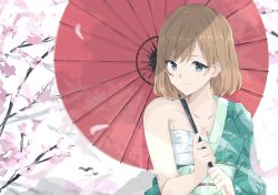 Rule 34 | 1girl, absurdres, bare shoulders, breasts, brown hair, collarbone, commentary request, duffy, green eyes, green kimono, highres, holding, holding umbrella, japanese clothes, kimono, looking at viewer, miyamori aoi, shirobako, short hair, small breasts, smile, solo, umbrella, upper body