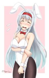 Rule 34 | 1girl, ^ ^, alternate costume, animal ears, bare shoulders, blush, bow, bowtie, breast hold, breasts, cleavage, closed eyes, commentary request, covered navel, cowboy shot, detached collar, facing viewer, fake animal ears, flying sweatdrops, fuuma nagi, hairband, head tilt, kantai collection, leotard, long hair, medium breasts, nose blush, open mouth, outside border, pantyhose, pink background, playboy bunny, rabbit ears, red bow, red bowtie, red hairband, shoukaku (kancolle), sidelocks, silver hair, simple background, solo, standing, straight hair, strapless, strapless leotard, sweat, twitter username, very long hair, white leotard, wrist cuffs