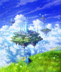 Rule 34 | blurry, city, cloud, cloudy sky, crystal, day, depth of field, fantasy, floating island, flower, grass, highres, landscape, light particles, makkou 4, no humans, original, pyramid (structure), river, scenery, sky, tower, water, waterfall
