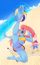 Rule 34 | 1boy, 1girl, absurdres, artist name, ball, barefoot, beach, bikini, blue skin, bottomless, breasts, cleft of venus, collarbone, colored skin, covered erect nipples, eyepatch, feet, female pubic hair, fins, full body, grin, highres, kneepits, large breasts, long hair, monster girl, nail polish, no panties, outdoors, papyrus (undertale), pubic hair, pussy, red hair, red nails, sand, shore, skeleton, smile, soles, solo focus, spread legs, staerk, swimsuit, teeth, thighs, toenail polish, toenails, toes, uncensored, undertale, undyne, volleyball (object), volleyball net, wide-eyed, yellow bikini