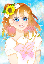 Rule 34 | 1girl, a song for you! you? you!, absurdres, artist name, artist request, belt, blue eyes, blue sky, blush, breasts, cloud, female focus, flower, hair between eyes, hair flower, hair ornament, highres, kosaka honoka, looking at viewer, love live!, love live! school idol project, medium breasts, mocoa oekaki, neckerchief, orange hair, outdoors, parted lips, pink neckerchief, sailor collar, shirt, side ponytail, sky, smile, solo, sunflower, white belt, white shirt