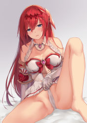 Rule 34 | 1girl, armor, ass, bare shoulders, blue eyes, blush, breastplate, breasts, cleavage, closed mouth, clothes lift, crotch, detached collar, elbow gloves, frontal wedgie, gauntlets, gloves, godsworn alexiel, granblue fantasy, hair between eyes, hair ornament, large breasts, legs, long hair, looking at viewer, open mouth, panties, panty pull, pulling own clothes, red hair, simple background, skirt, skirt lift, solo, spread legs, suzuame yatsumi, thighs, underwear, very long hair, wedgie, white panties, white skirt